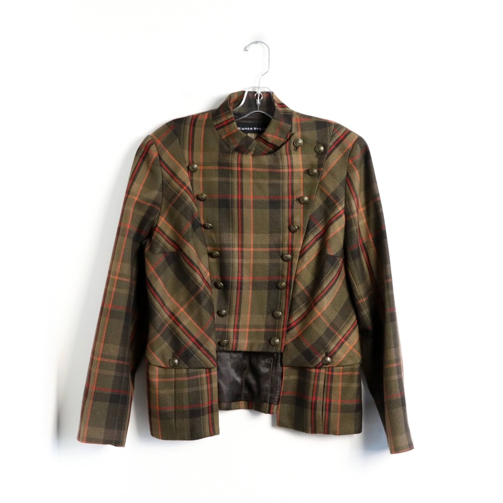 Bianca Nygard plaid double-breasted blazer equestrian jacket military retro 14 L